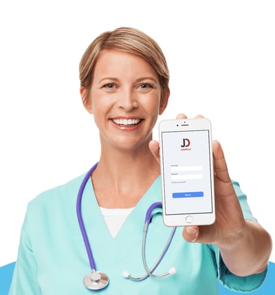 picture of a healthcare worker holding up jobdiva's healthcare staffing software on her phone